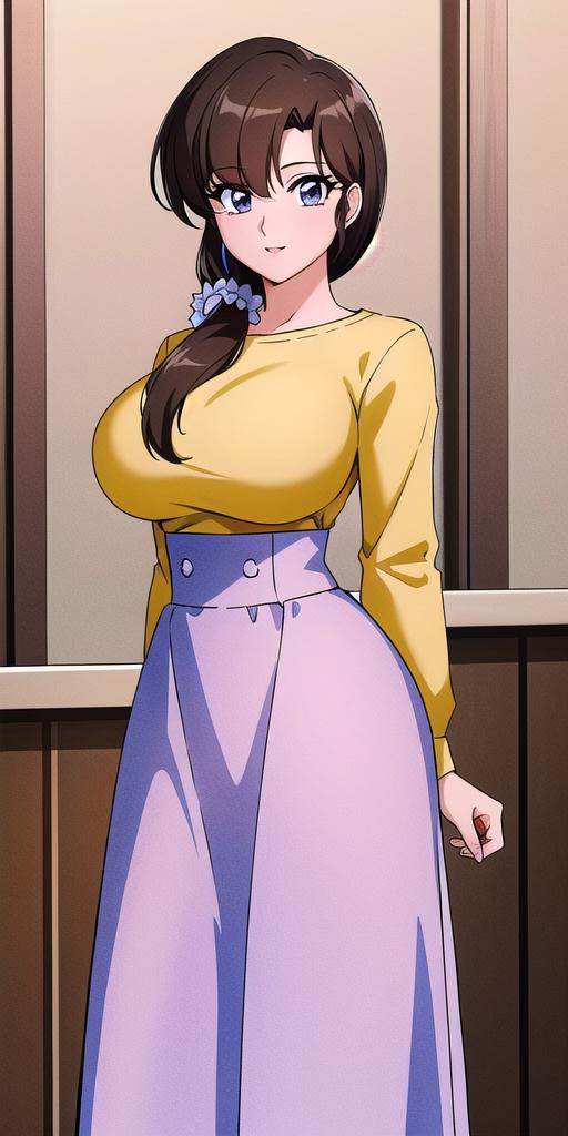 04628-3873519579-, tendou_kasumi, , Yellow_Shirt_blue_high-waist_skirt, standing, solo, large breasts,, masterpiece, best quality, detailed face,.png